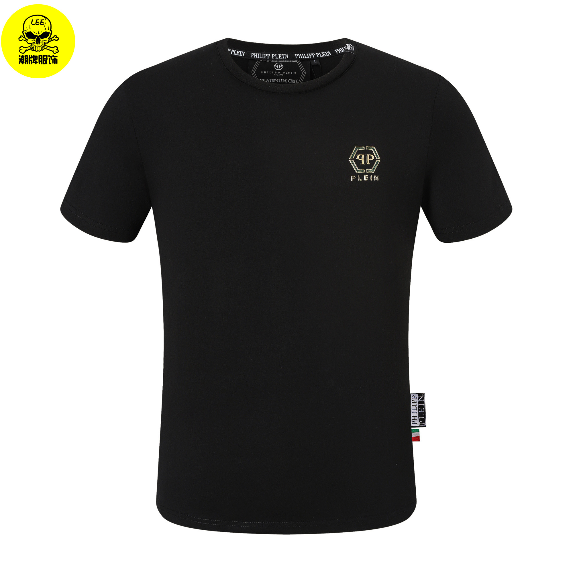 夏季新潮牌qp胸前印章pp男装修身简约短袖黑白配色菲利普T恤纯棉