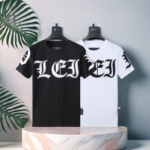 T恤个性 24夏季 短袖 潮牌pp男装 字母烫钻plein梵文百搭黑白衣服 新款