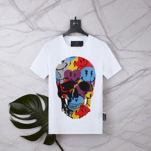修身 新款 短袖 T恤pp男装 24菲利普色彩笑脸骷髅头烫钻半袖 时尚 夏季