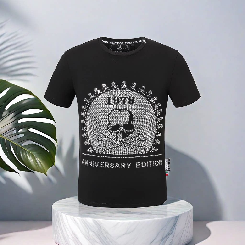 24菲利普潮流修身半袖骷髅头烫钻字母休闲衣服pp男士短袖上衣恤衫