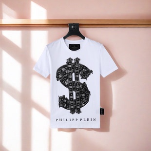 夏季百搭pp男装个性钱币图案烫钻半袖衣服青年圆领短袖T恤菲利普