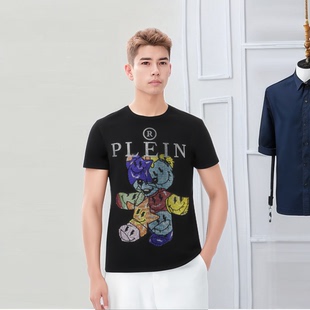菲利普潮牌pp男装 T恤半袖 时尚 短袖 卡通小熊烫钻字母plein修身 夏季