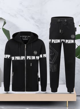 pp字母印花烫钻开衫拉链连帽套装
