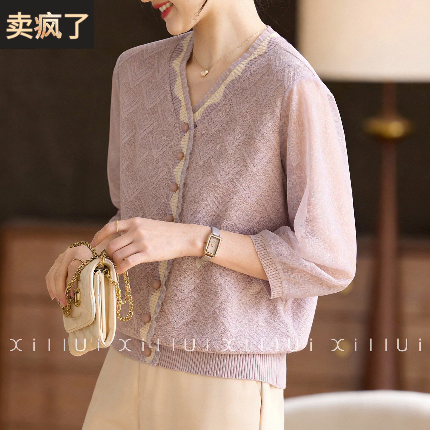 喜卉妈妈春装时尚纱袖上衣2026新款中年女装春季薄款针织小衫气质