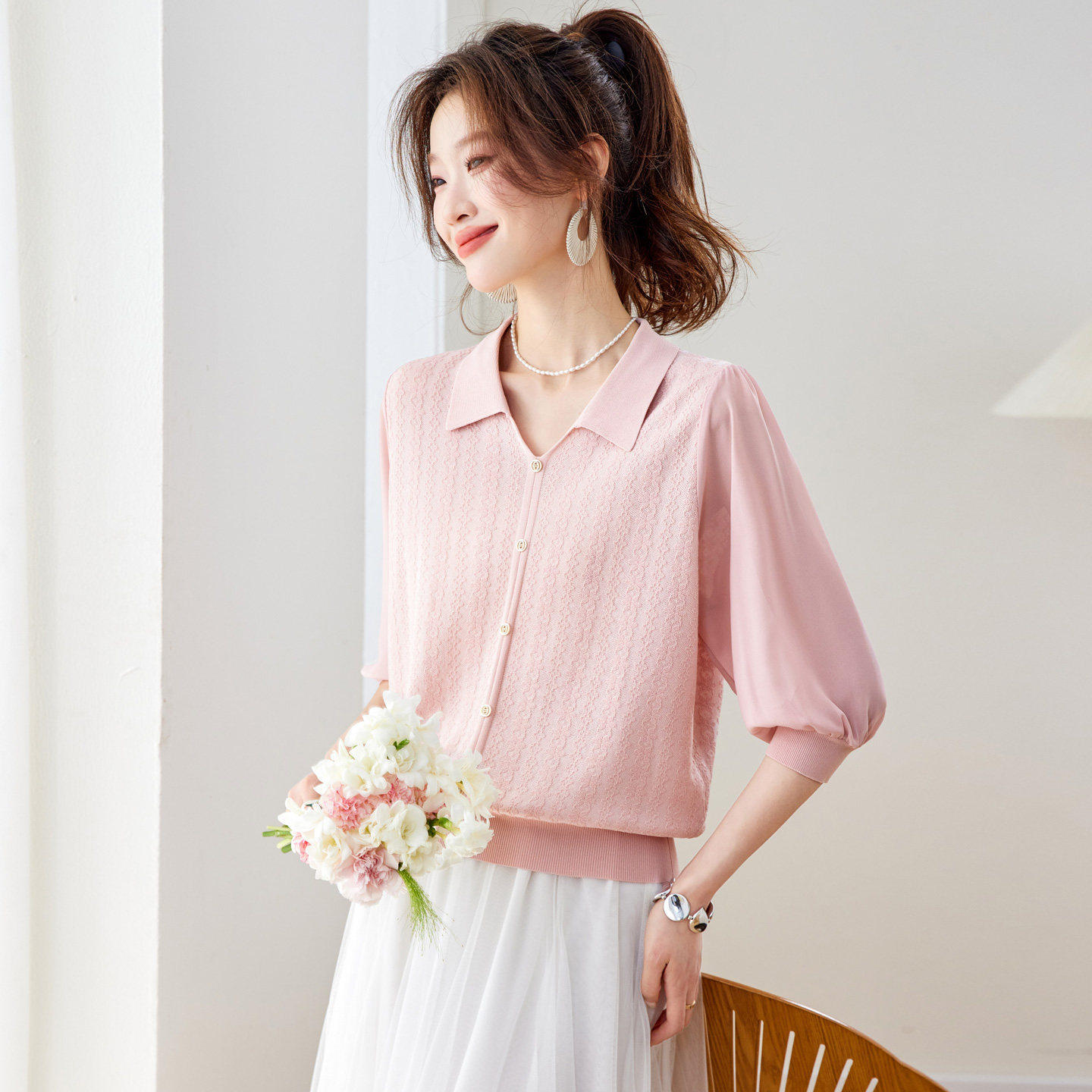 POLO领冰丝针织短袖女夏季2026新款高级感洋气减龄上衣半袖T恤衫