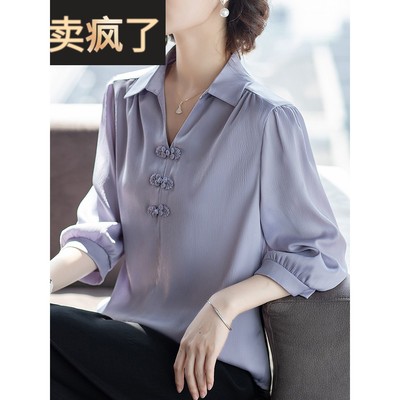 妈妈春夏装休闲套装中年女时尚气质雪纺40岁中老年人洋气T恤上衣