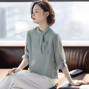 套装 新款 妈妈夏装 t恤中老年女士上衣服 高贵小衫 中袖 洋气时尚 中式