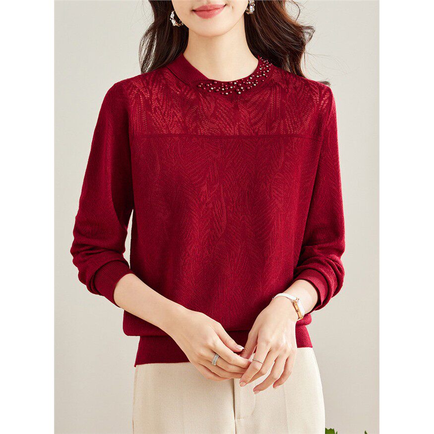 妈妈春装2025新款红色针织衫薄款长袖内搭春秋短款毛衣打底上衣女