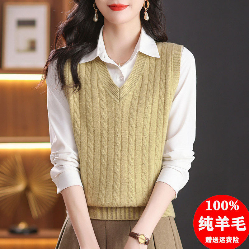 100纯羊毛针织马甲背心女宽松叠穿马夹外搭加厚V领无袖毛衣坎肩秋