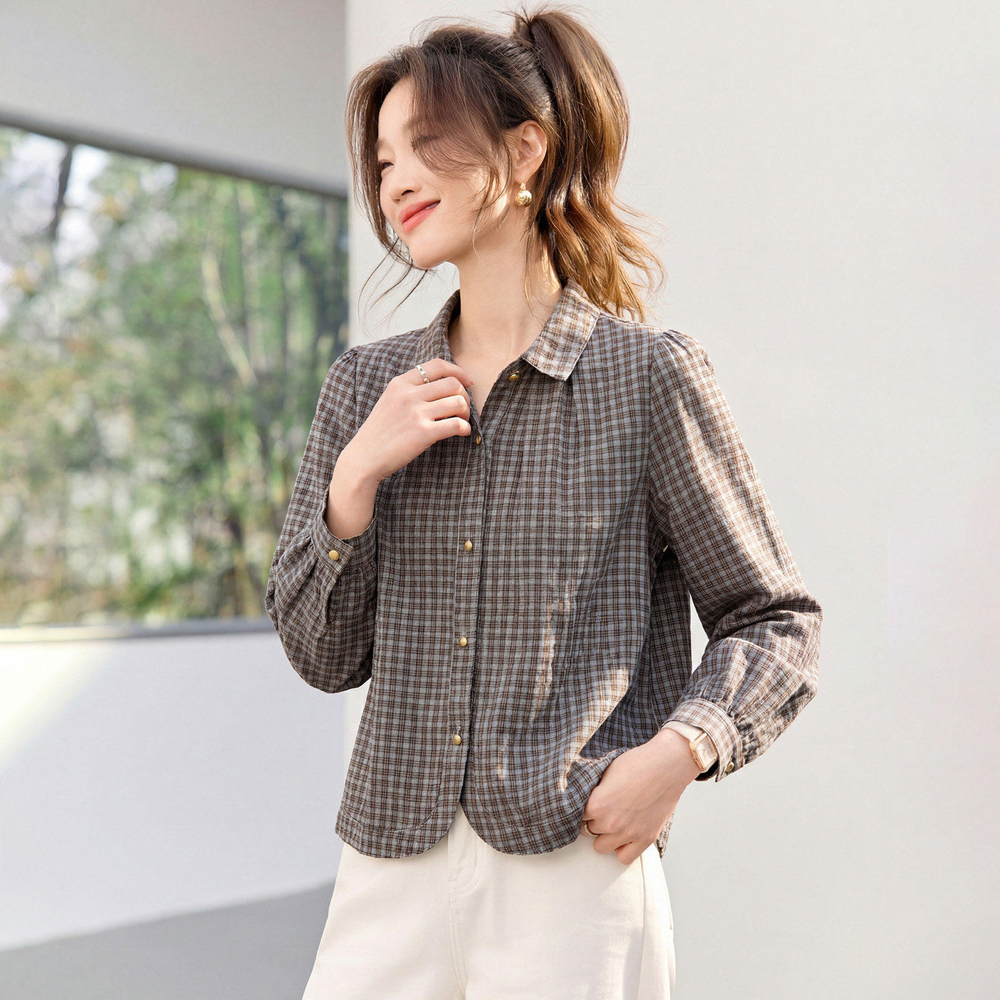 纯棉格纹衬衫女长袖春秋法式休闲气质高级感轻奢小个子职业衬衣