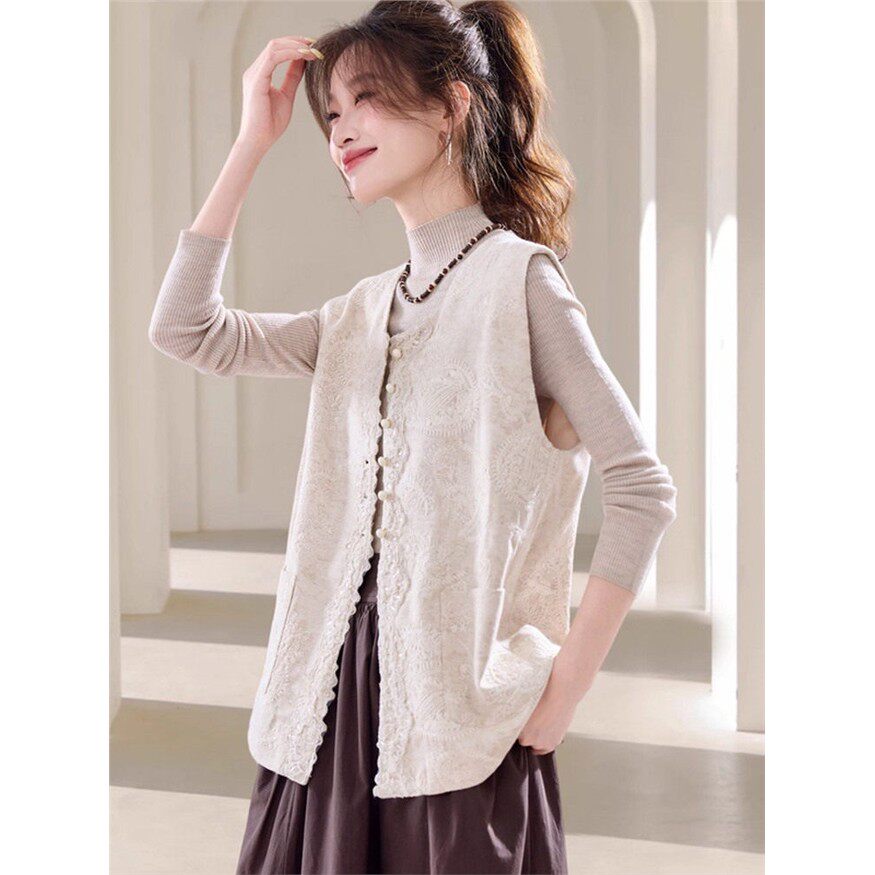 2025秋日新款无袖温柔重工刺绣优雅马甲短外套时髦背心妈妈上衣女