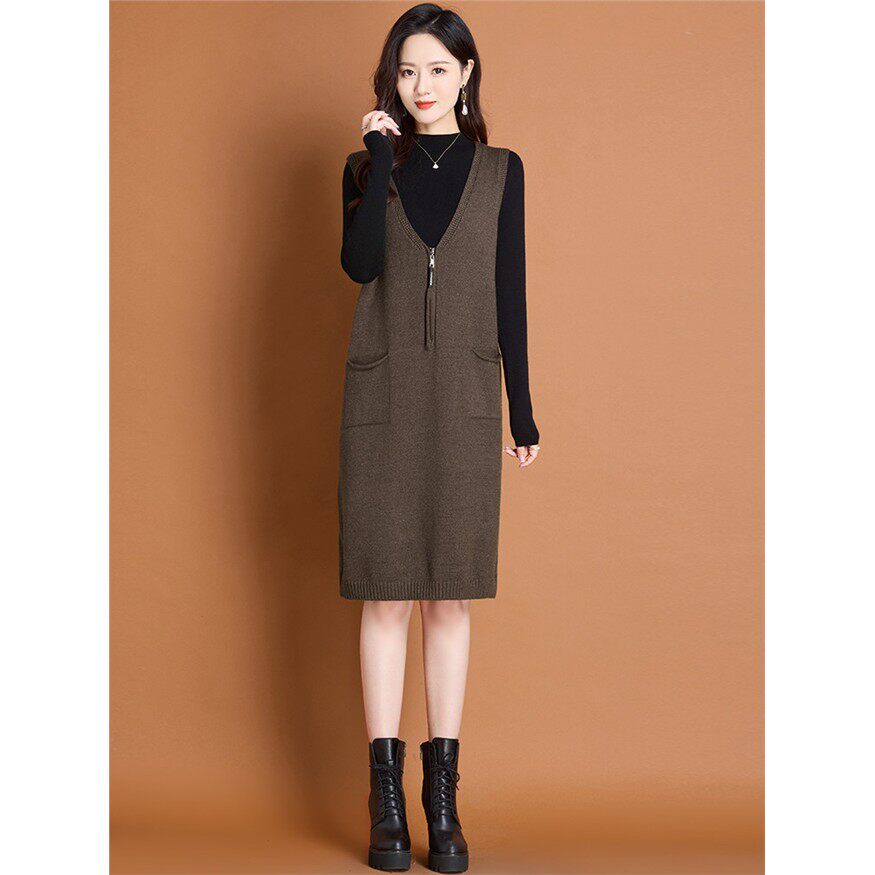 2025秋冬针织连衣裙套装裙女士宽松休闲打底背心裙毛衣两件套马甲