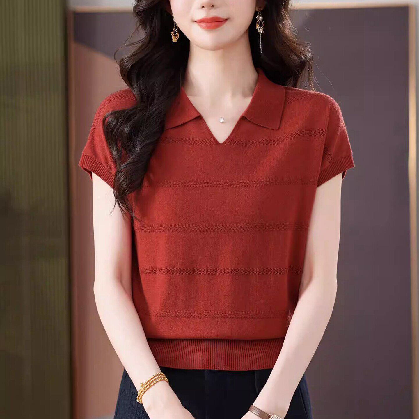 妈妈夏装polo领短袖针织衫女灰色V领翻领薄款冰丝T恤洋派减龄上衣
