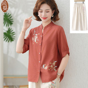 母亲节妈妈夏装棉麻衬衫套装高端2025新款洋派中老年女士亚麻上衣