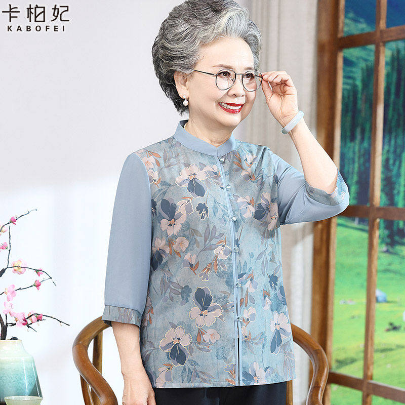 奶奶夏装衬衫纱袖上衣老