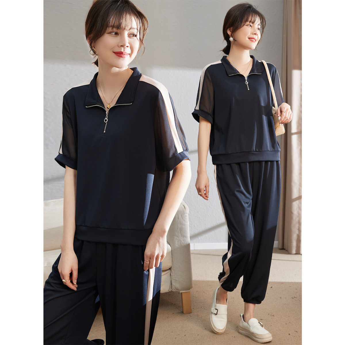 喜卉年轻妈妈衣服夏装运动套装洋派时尚中老年女装休闲短袖两件套