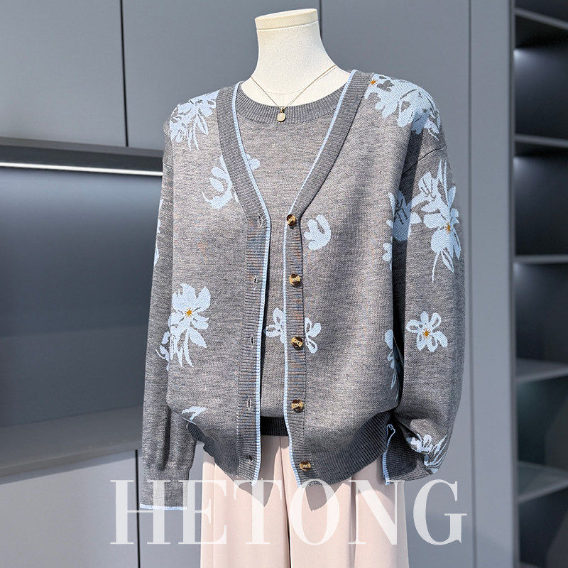 妈妈春装印花针织上衣两件套装2026新款中老年女春秋气质开衫外套