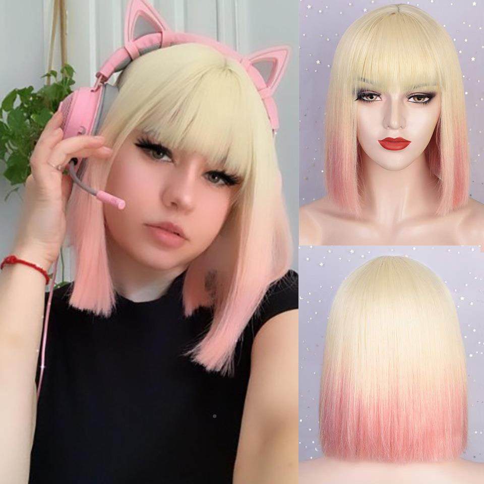欧美假发BOBO头彩色短直发cosplay假发机制齐刘海AISI hair_虎窝淘