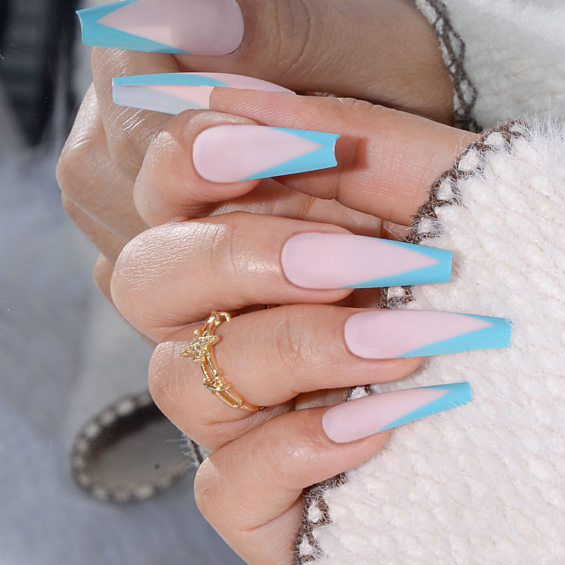 欧美甲片成品长款磨砂蓝色法式可卸美甲甲片穿戴甲甲片nail