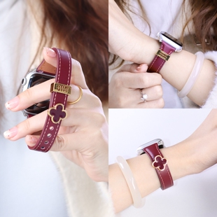 适用苹果手表s11表带真皮四叶草iwatch10替换轻奢钉扣智能运动se3腕带皮质S8高级S7春夏ultra男女生apple配件