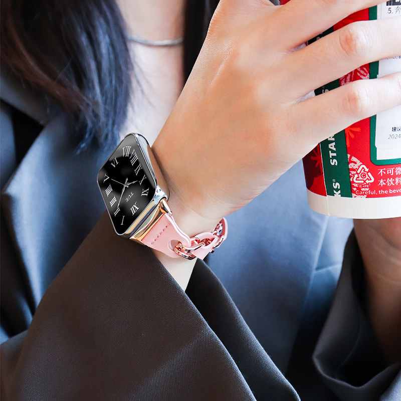 适用小米手环腕带8Pro/9Pro表带8/9/10金属镂空链智能运动红米手表4/5新款替换带女生可爱真皮时尚表链配件