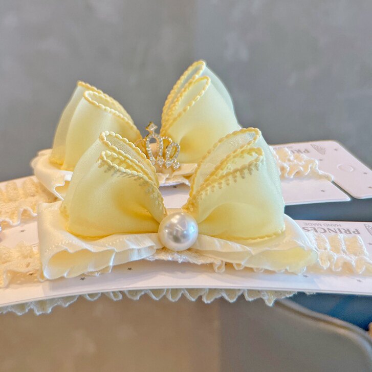 手作韩版黄色珍珠蝴蝶结婴儿发带发饰