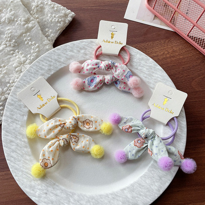 手作甜美儿童布艺兔耳朵发绳可爱波点蝴蝶结头绳女童扎头发皮筋