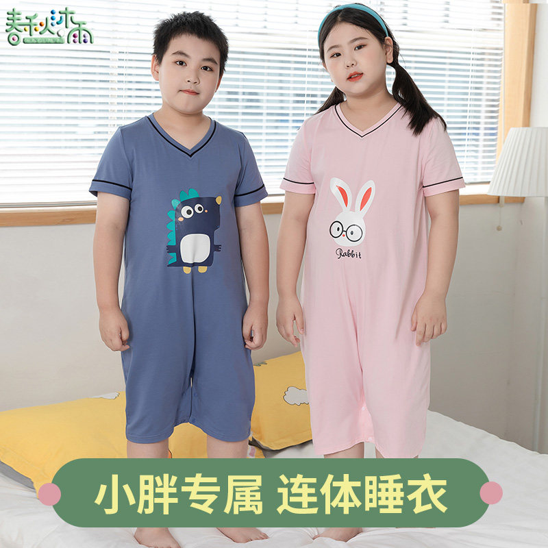 FAT BOY WIDENED CHILDRENS ONE-PIECE PAJAMAS THIN SUMMER BOYS AND WOMENS ANTI-COLD ANTI-KICKING BELLY PROTECTION NIGHTDRESS PURE COTTON INCREASE
