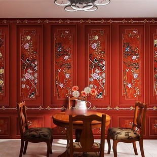 中式花鸟屏风故宫红墙纸古风装修背景馆饭店剧本杀店装饰无缝壁纸