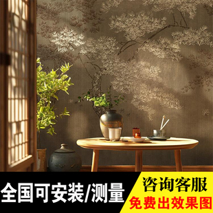 复古轻奢客厅墙纸中古风侘寂风餐厅卧室定制无缝背景墙布 松柏中式