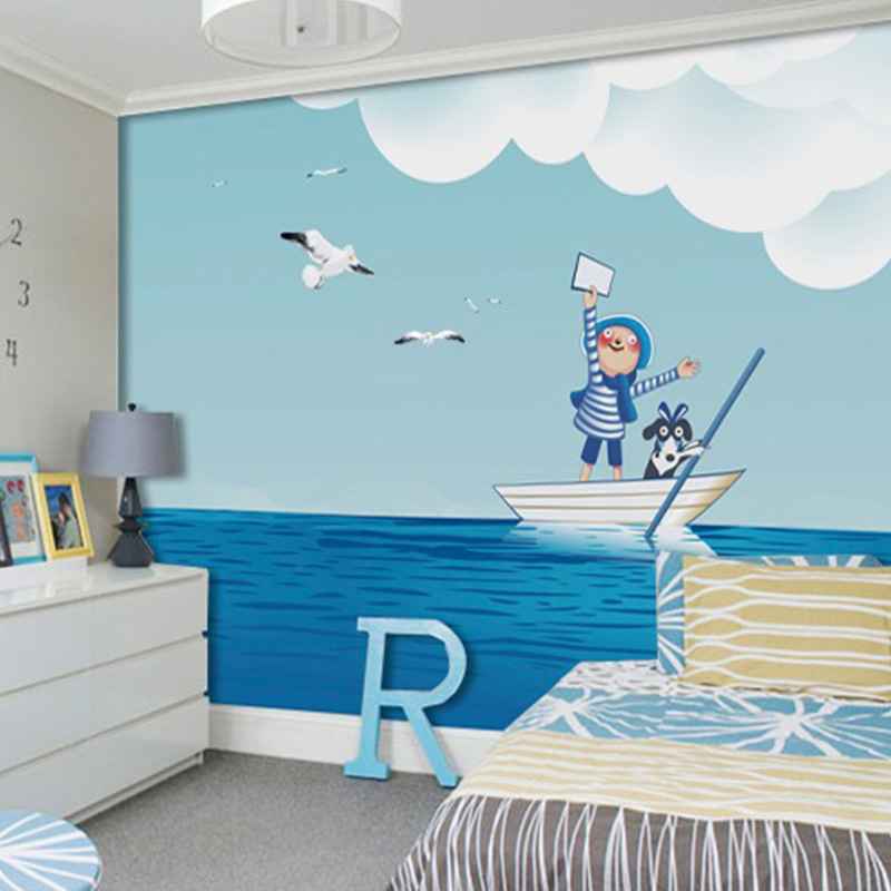 3D定制幼儿园环保壁画客厅卧室墙布儿童房地中海卡通立体海鸥墙纸图片