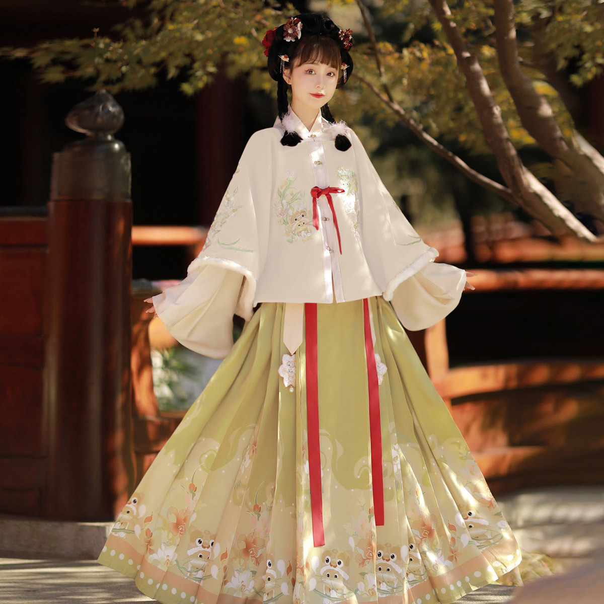 原创设计虎团团汉服女方领棉上衣交领衣马面襦裙三件套秋冬春秋冬