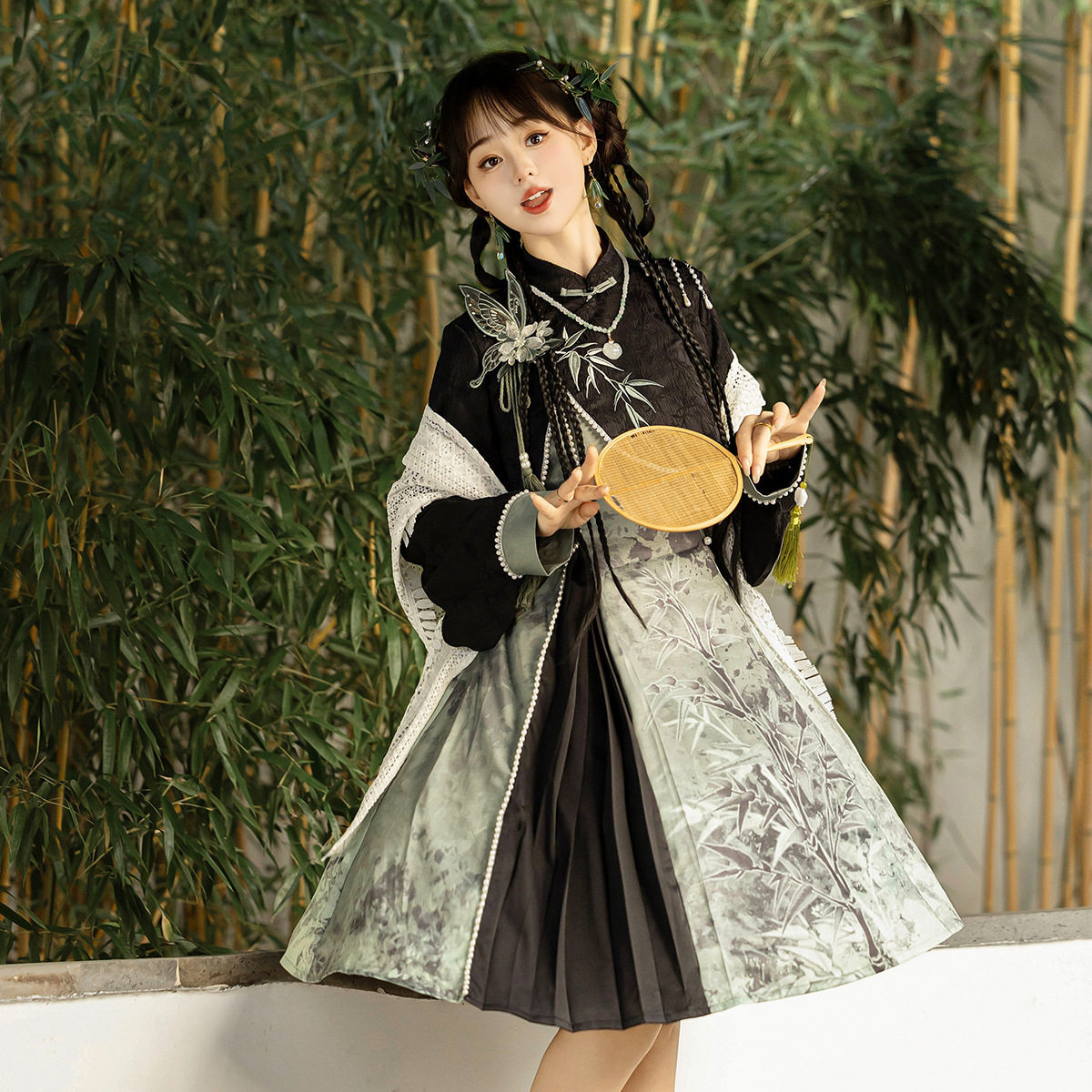 原创设计烟竹汉服女中国风改良汉元素披肩上衣吊带裙套装连衣裙子