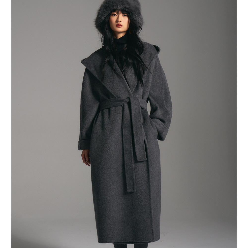 冬新真丝羊毛羊绒连帽浴袍长款慵懒毛呢双面呢大衣外套高级感大码