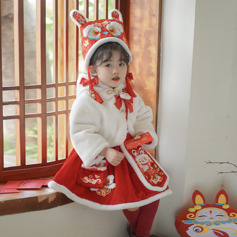 冬季中国风女童古装拜年服儿童汉服套装童装红色宝宝唐装民族风