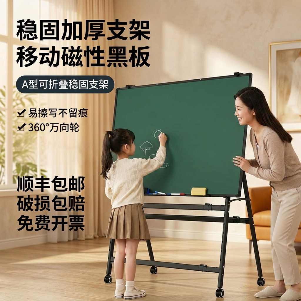 可折叠黑板可升降磁性白板支架式可移动办公教学培训写字板儿童家用大白板绿板可擦双面黑板工厂车间直播看板