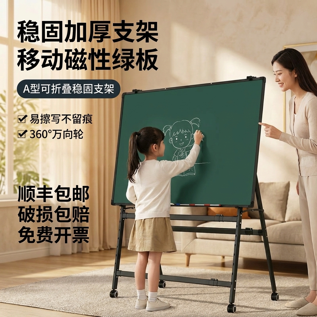 易博黑板可移动折叠支架式白板磁性写字板带轮家用教学培训办公会议双面磁吸儿童小黑板移动小白板可擦写画板图片