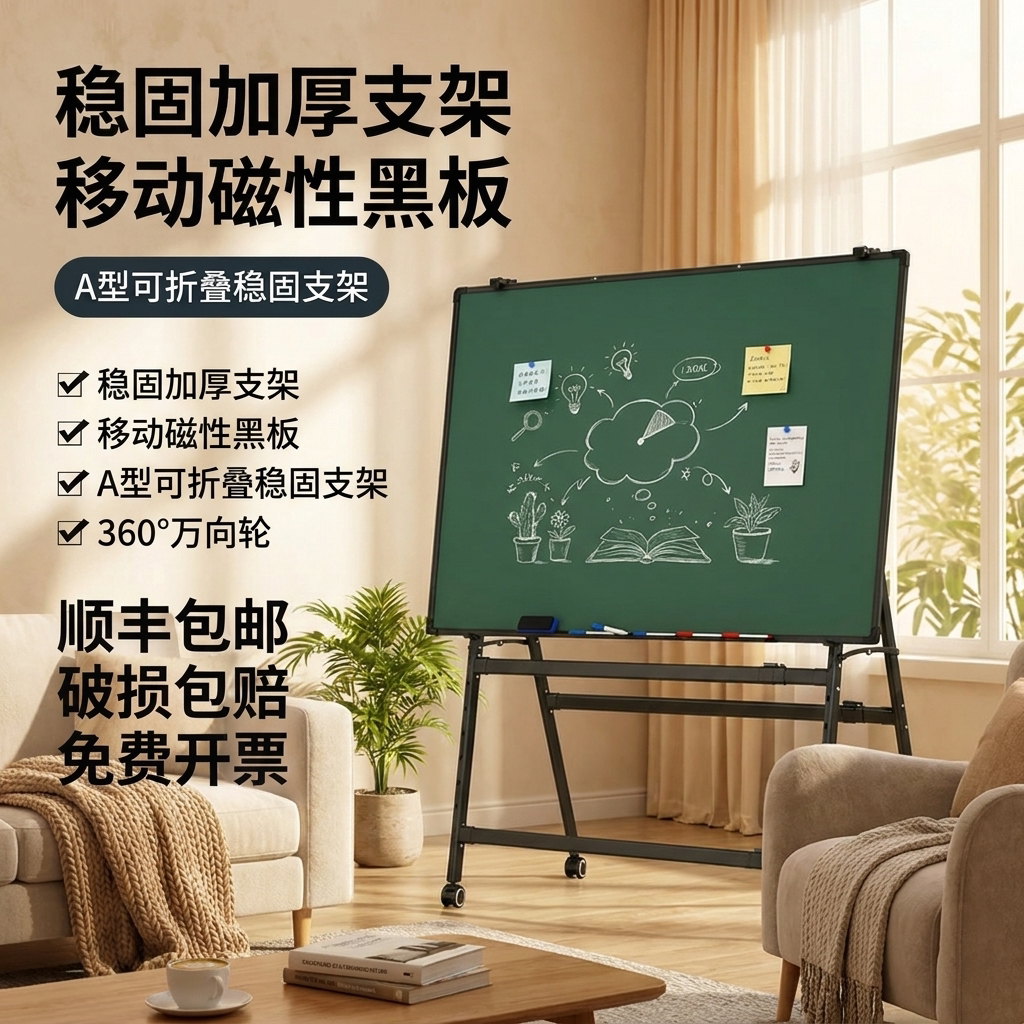 易博黑板写字板支架式白板带轮可移动折叠家用教学培训办公会议双面磁吸儿童小黑板移动磁性小白板可擦写画板图片
