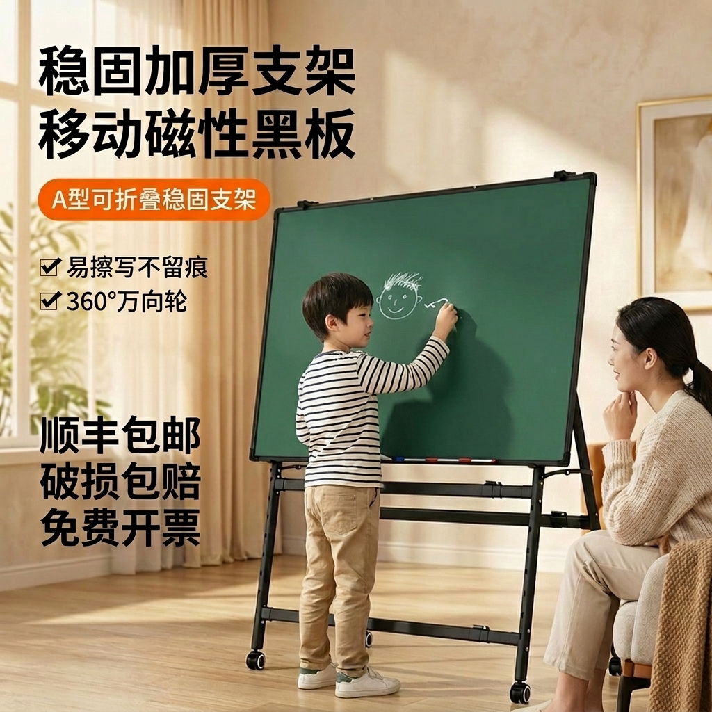 易博白板写字板支架式带轮可移动折叠黑板家用双面磁吸儿童小黑板移动教学培训办公会议磁性小白板可擦写画板
