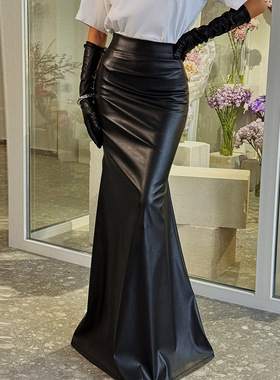 yl25303欧美风基础鱼尾摆半裙2025秋季新款黑色复古包臀裙