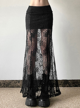 欧美风2024夏季新款女装时尚黑色蕾丝透视显瘦拖地长裙半身裙