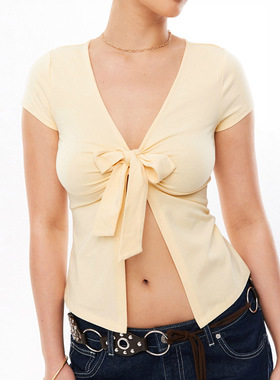 q26tp001欧美风女装秋冬季新清新绑带短袖开叉开衫上衣