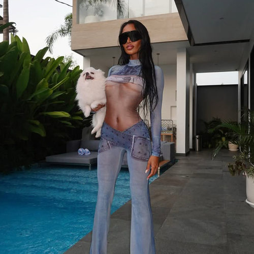 欧美风辣妹性感复古时尚个性街头人体印花长袖修身连体长裤