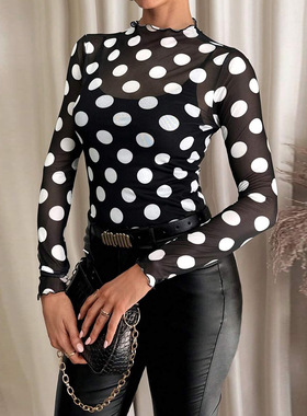 60267tbz专供2025秋季新品性感修身网纱透视印花欧美长袖上衣