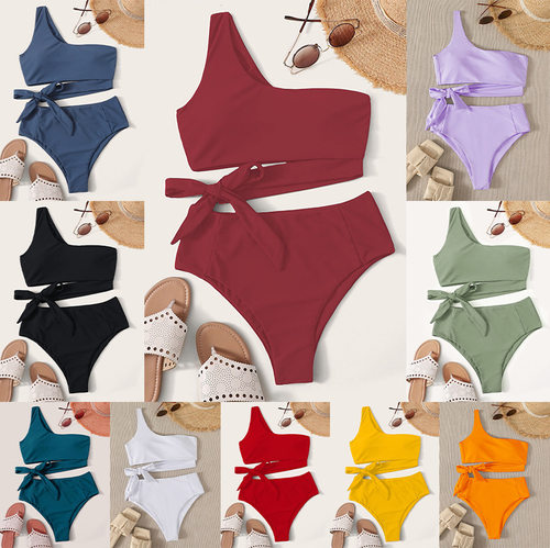 泳装2026新款欧美系腰款印花修身单肩性感分体游泳衣女bikini