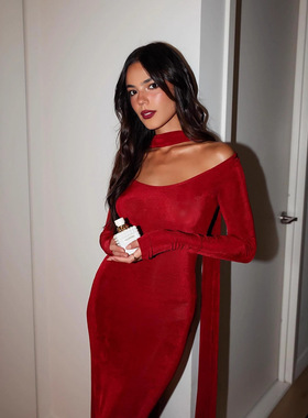 外贸秋冬款长袖赫本风名媛气质带围脖修身红色长款礼服裙女