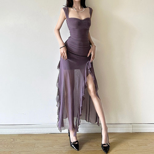 欧美风2024春季新款女装性感辣妹吊带抹胸开叉包臀长款连衣裙