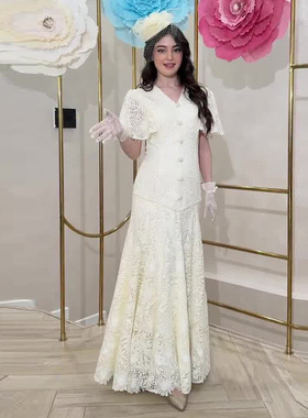 2026年欧美外贸新款女装v领修身纯白色优雅蕾丝两件套
