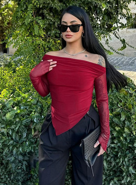 XY24548秋季2025新款 时尚风气质优雅修身斜肩网纱袖长袖上衣女