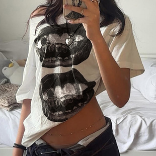 美式 街头嘻哈嘴巴印花斜肩休闲上衣宽松显瘦小众设计辣妹撞色T恤